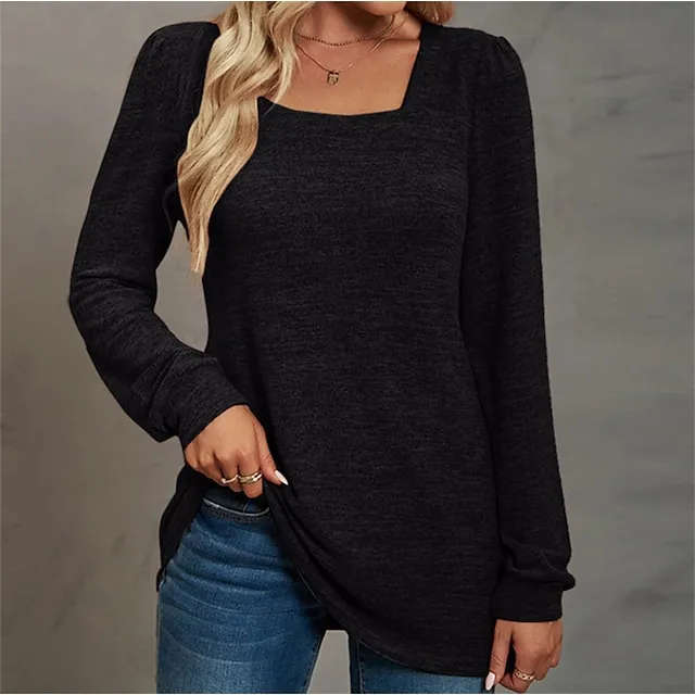 Women's T shirt Tee Cotton Light Blue Pink Apricot Plain Long Sleeve Casual Daily Holiday Basic U Neck Regular Fit Fall & Winter