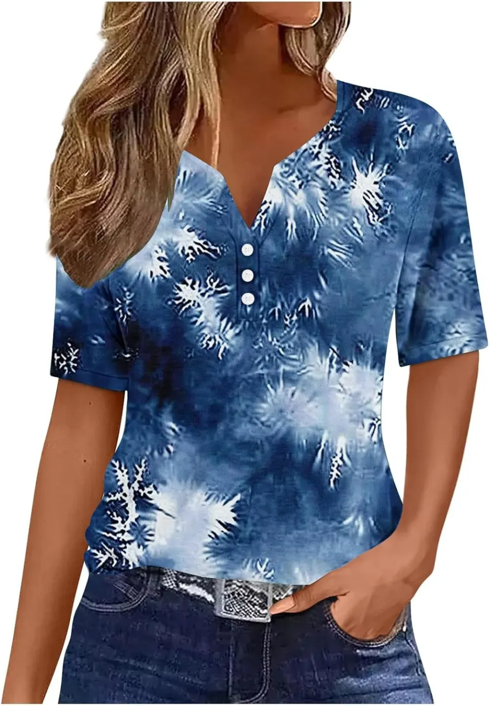 Shirts for Women Casual Printed Summer Tops Short-Sleeved Button V-Neck Tops Blouse Fashion Boho T-Shirts