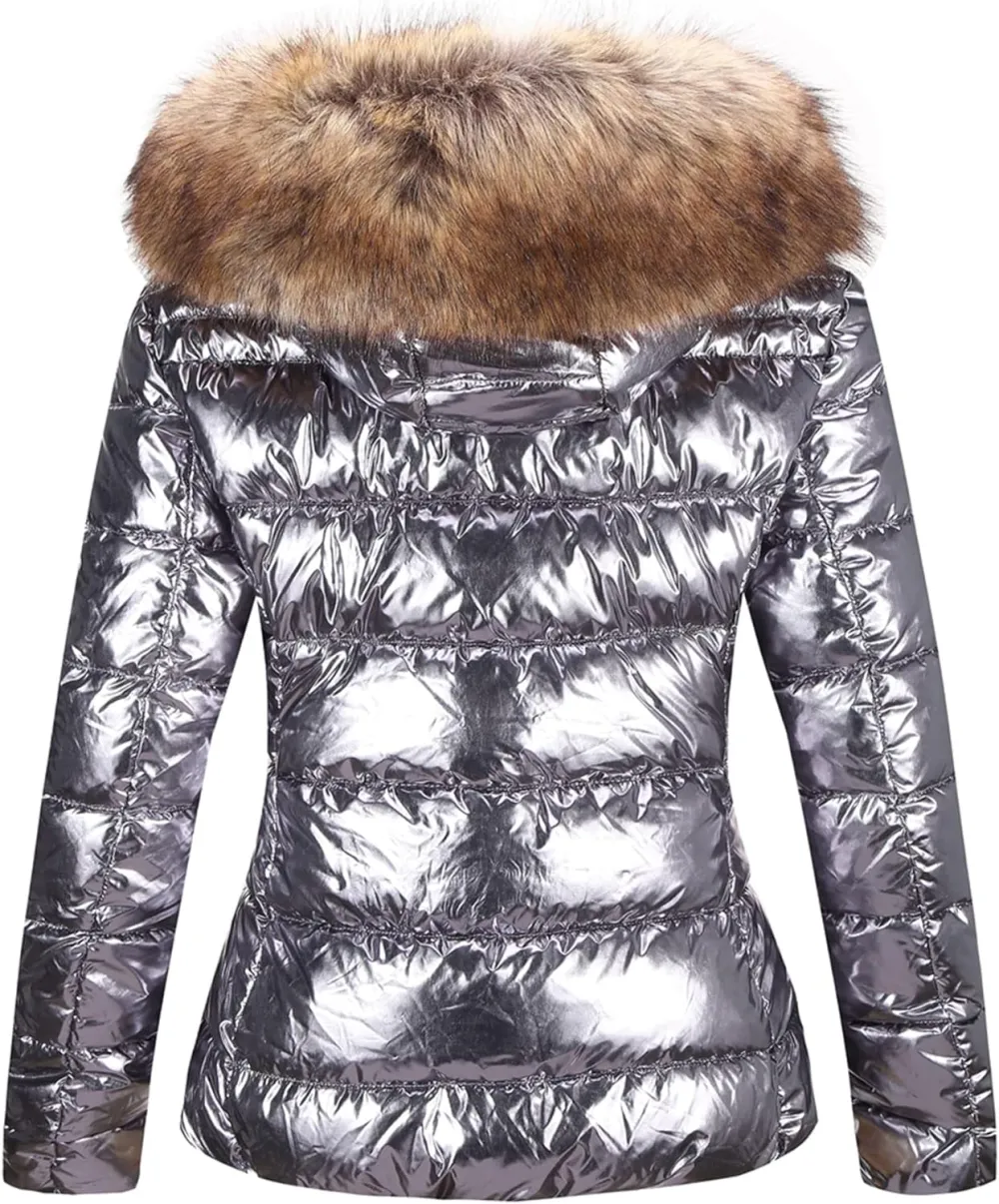 Womens Lightweight Puffer Jacket, Winter Coats for Women Warm Quilted Bubble Padded Hood Coat with Faux Fur Collar