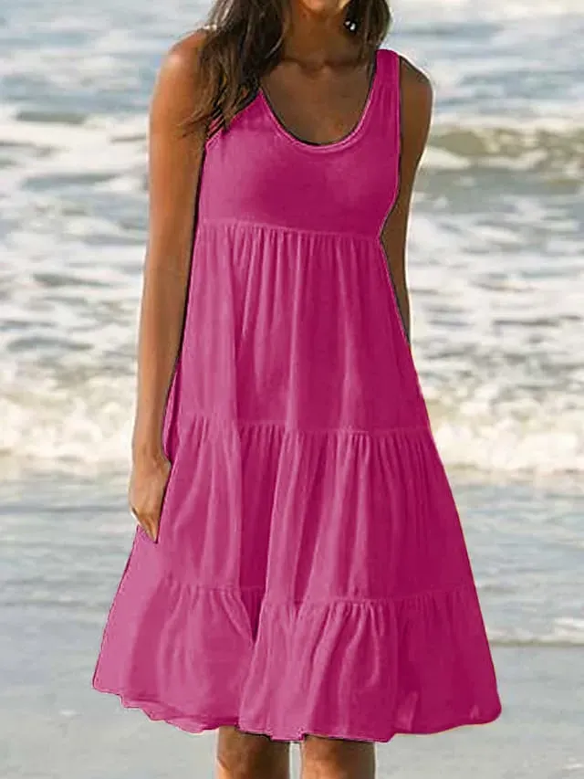 Women's White Dress Sundress Midi Dress Black And White Light Pink Green Sleeveless Pure Color Ruched Spring Summer Crew Neck Basic Boom Sale Dress S M L XL XXL 3XL 4XL 5XL