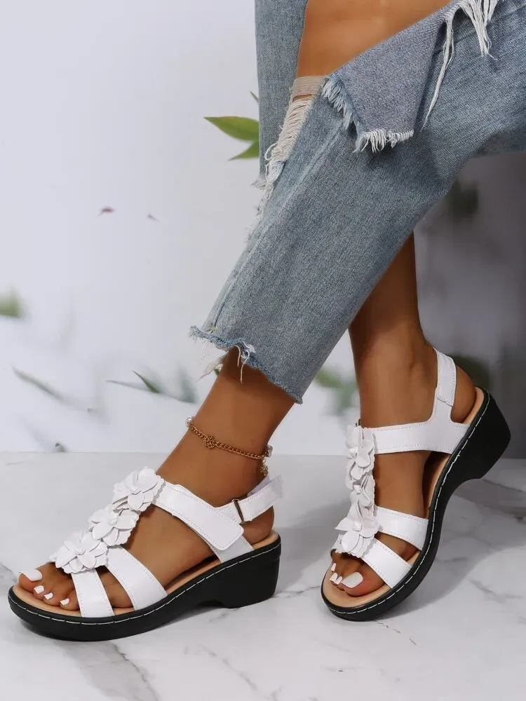 Flower Appliques Hook-and-loop Fastener Wedge Sandals