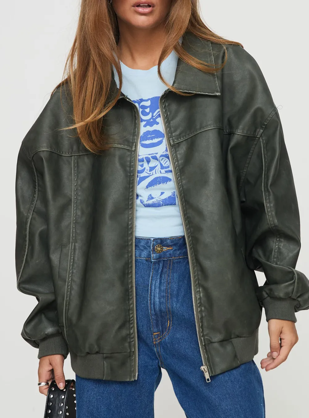 Loose Fit Faux Leather Bomber Jacket