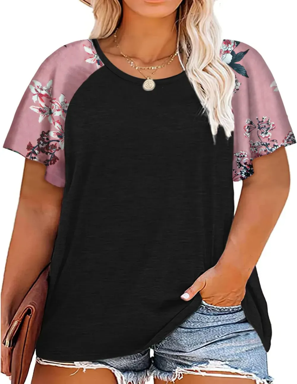 HDLTE Womens Plus Size Tops Floral Bell Sleeves Blouses Summer Crewneck Tunic Loose Casual T Shirts