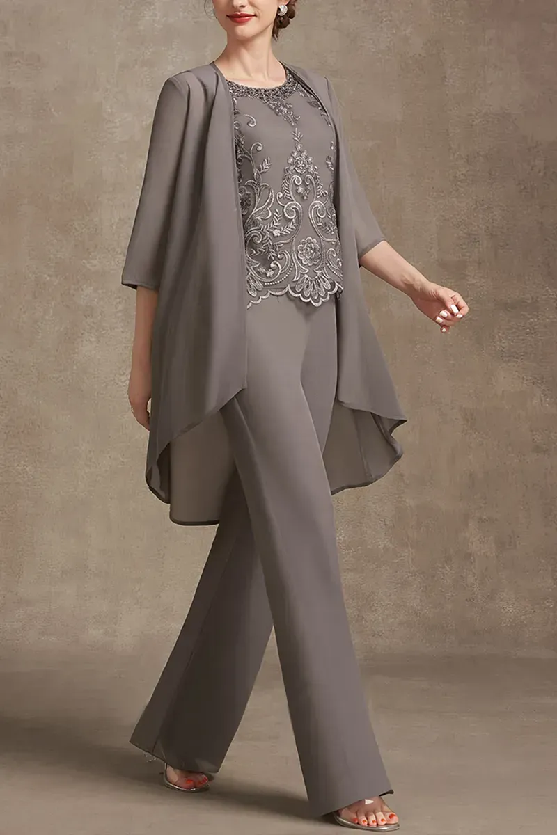 Plus Size Embroidery Chiffon Three Pieces Set Pant Suits