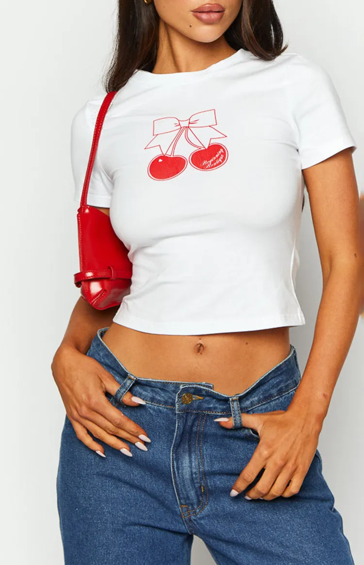 Cherry Embroidered White Crop T-Shirt