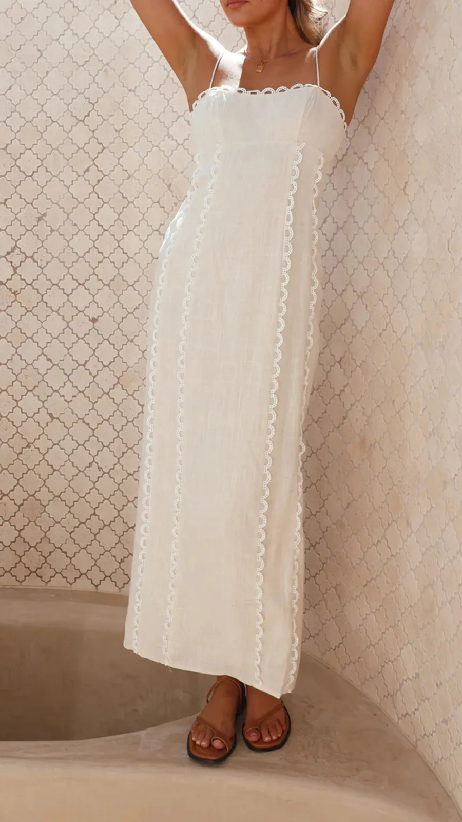 White Cotton And Linen Suspender Midi Dress