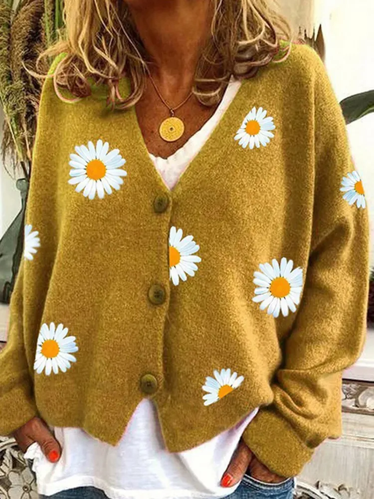 Vintage Single-Breasted Daisy Jacquard Sweater Cardigan