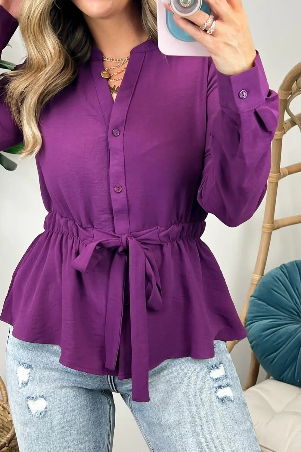 Long Sleeve Tie Waist Button Down Top