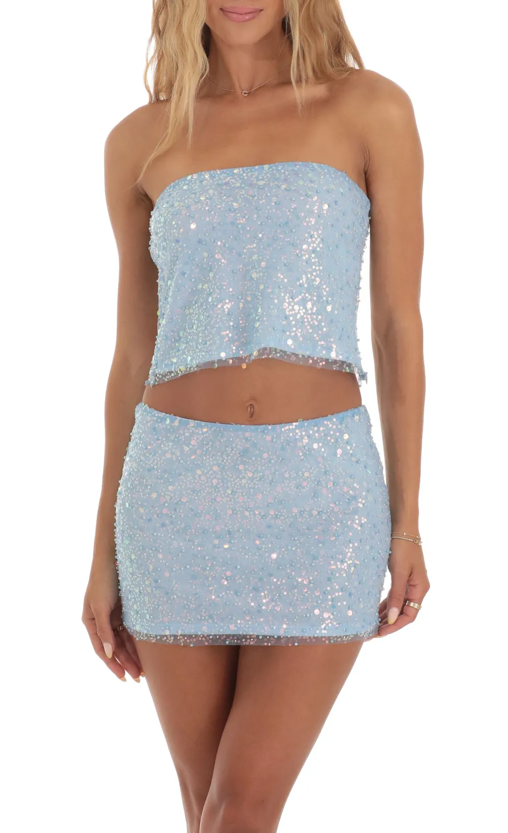 Sequin Strapless Two Piece Set in Blue