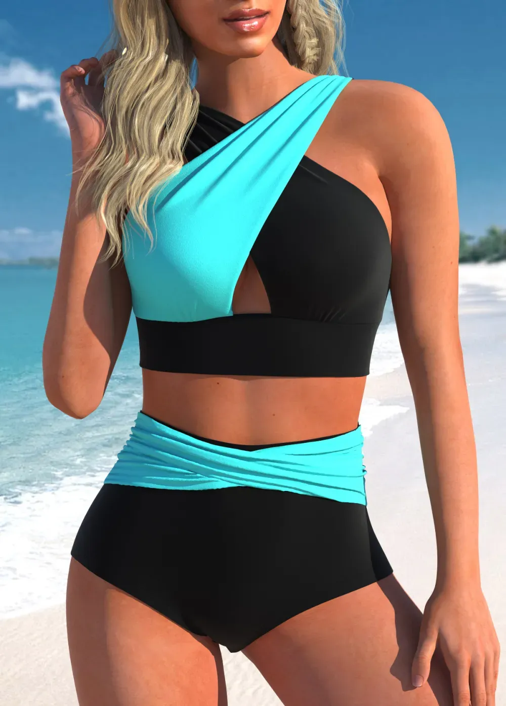 Criss Cross Cyan Contrast Bikini Top