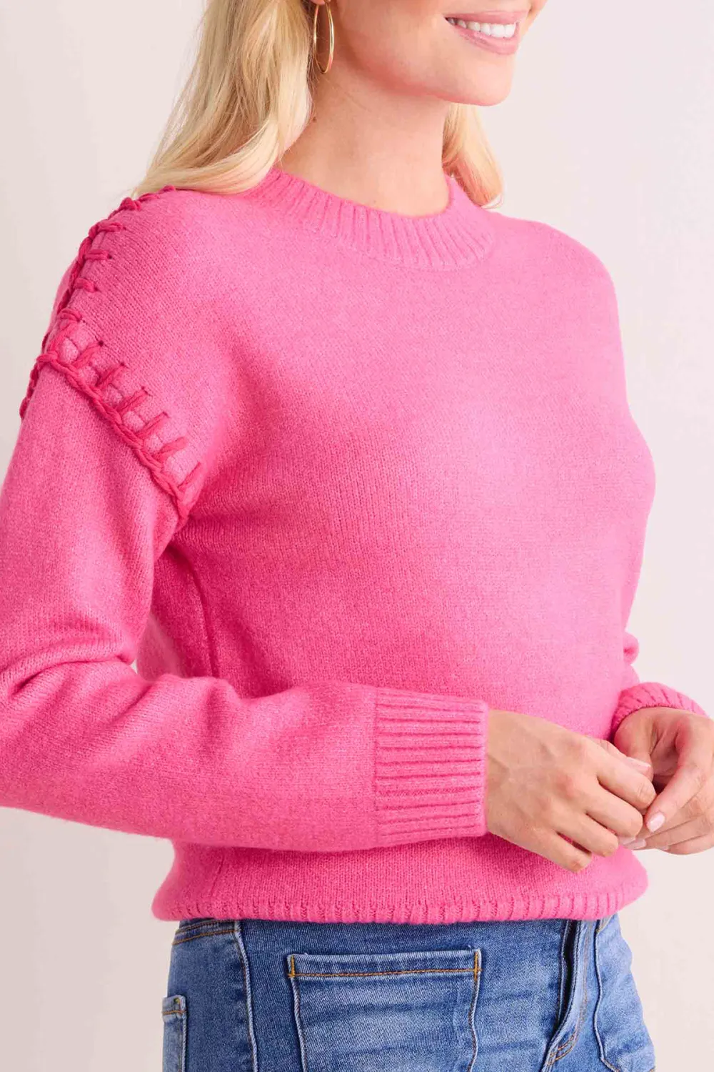 Pink Crew Neck Ruffled Shoulder Long Sleeve Sweater