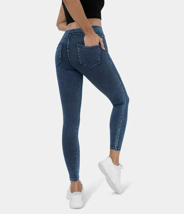 High Waisted Back Side Pocket Stretchy Knit Denim Casual Leggings
