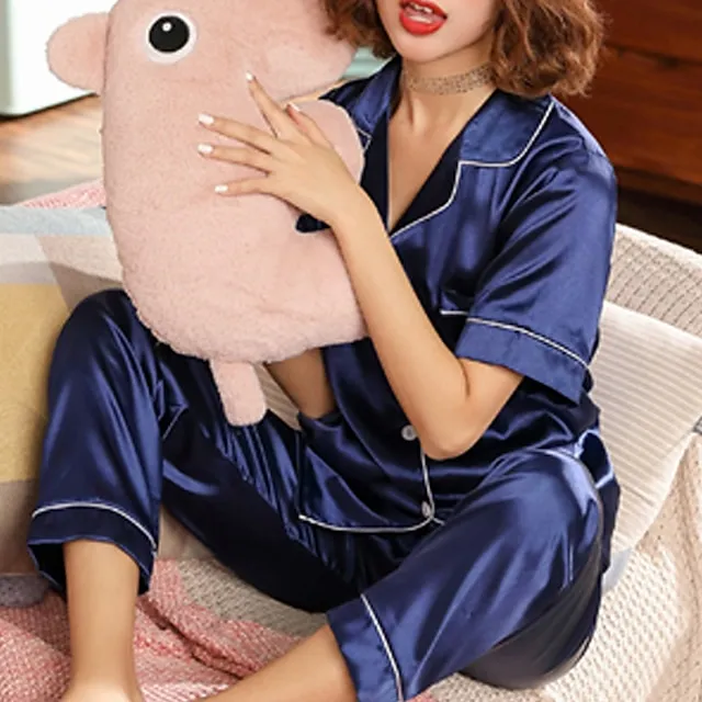 Women's Pajamas Pjs Sets 2 Pieces Pure Color Fashion Simple Comfort Home Xmas Christmas Daily Satin Lapel Short Sleeve Shirt Pant Elastic Waist Summer Spring Silver Black