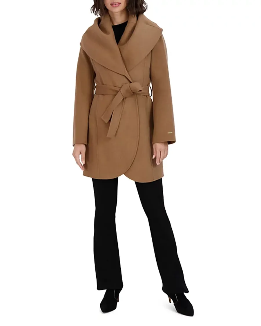 Wing Neckline Long Sleeves Belted Coat