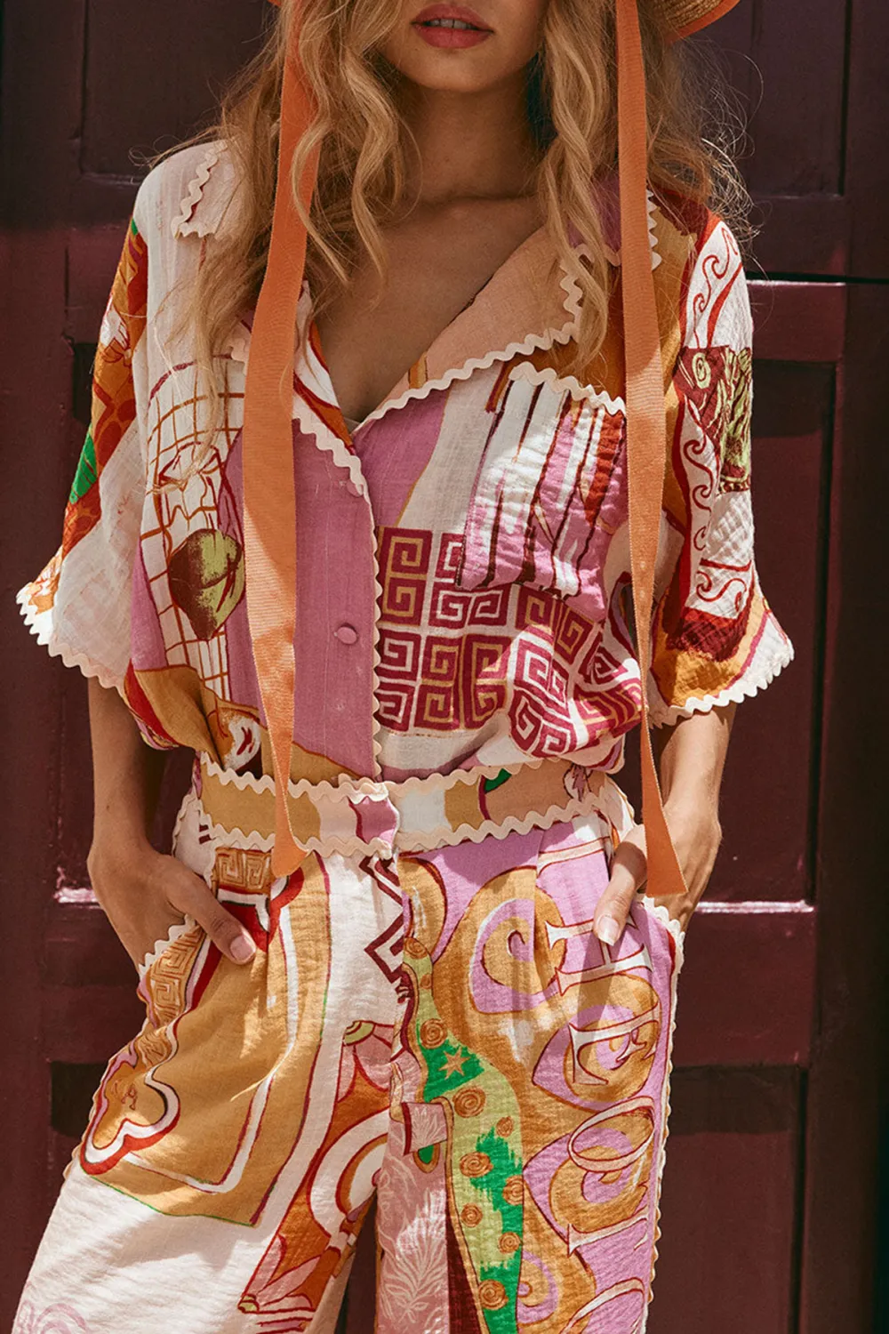 Colorful Patterned Short Sleeve Blouse