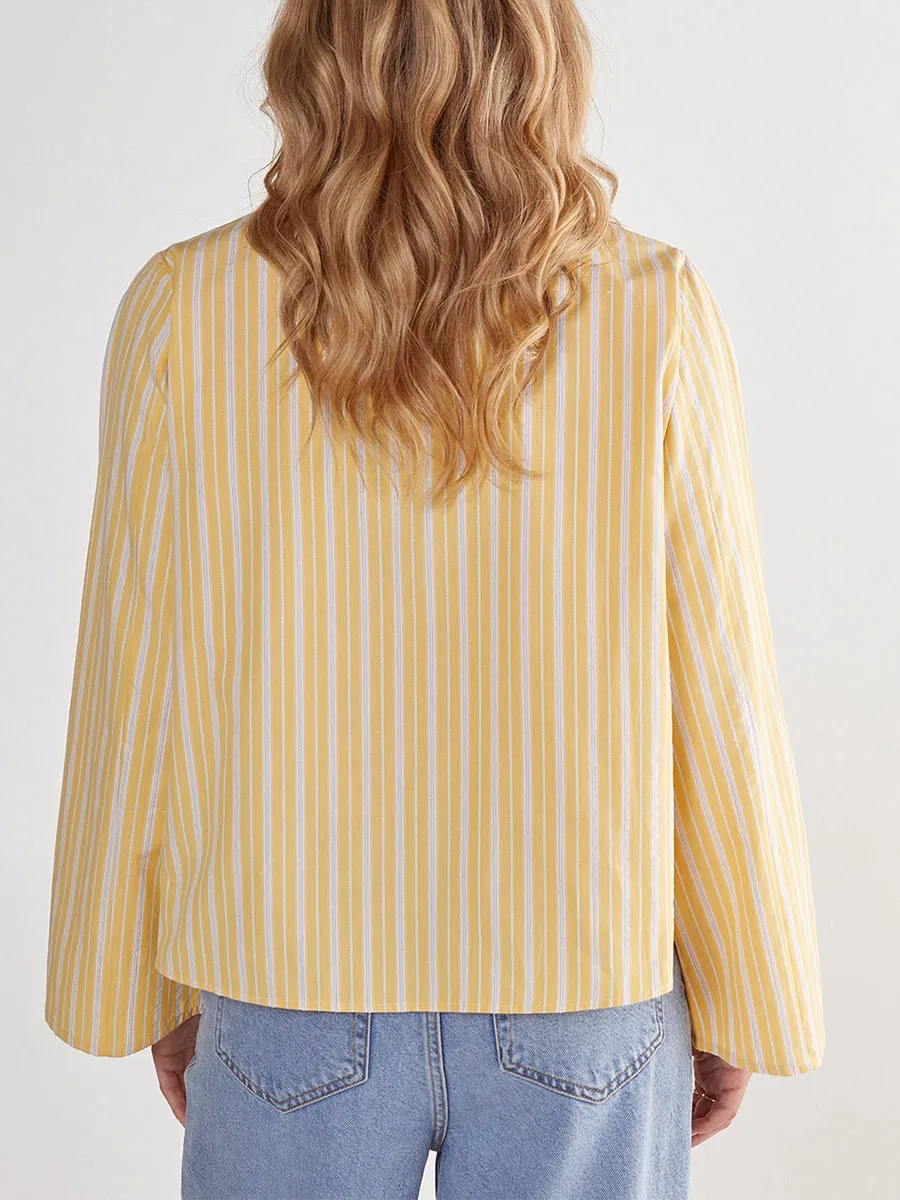 Women'S Yellow-White Stripe Drawstring Cropped Shirt
