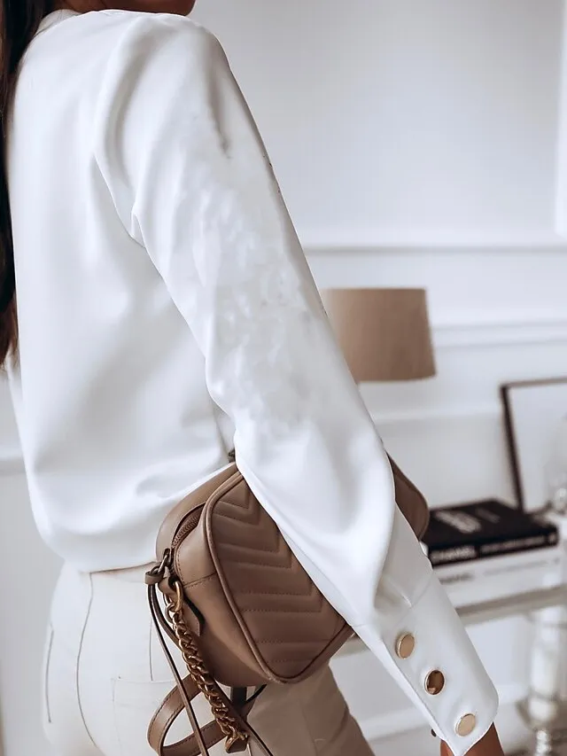 Women's Shirt Blouse Black White Button Long Sleeve Work Business Standing Collar S