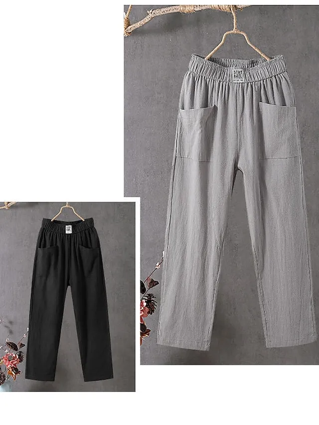 Women's Slacks Baggy Cropped Pants Linen Plain Pocket Baggy Ankle-Length Micro-elastic Mid Waist Streetwear Casual Vacation Casual Daily Black White S M Summer Spring