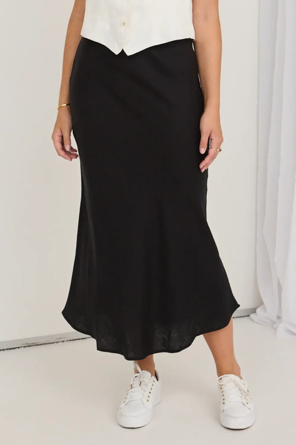 Black Linen Bias Cut Midi Skirt
