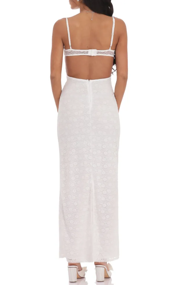 Lace Open Back Maxi Dress in White