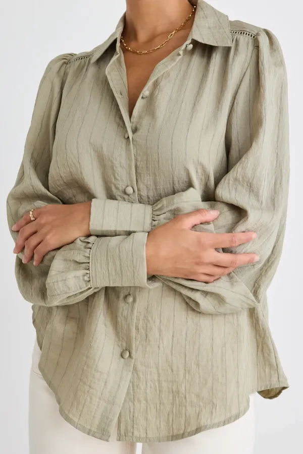 Khaki Stripe Lace Insert Linen Blouse