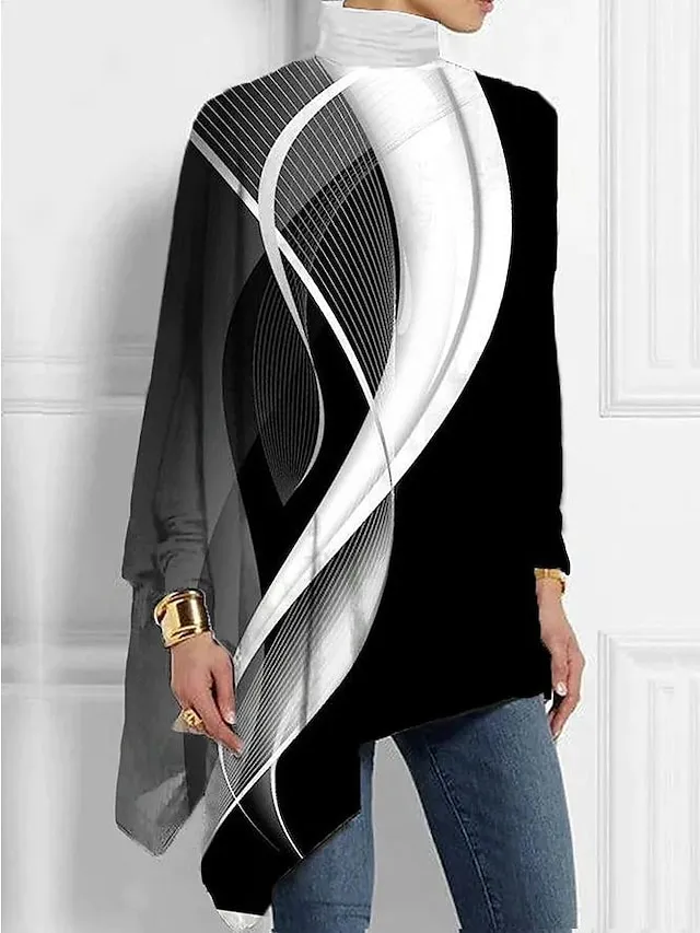 Women's Plus Size Shirt Blouse Butterfly Star Silver Black White Asymmetric Print Long Sleeve Casual Basic High Neck Regular Fit Spring Fall