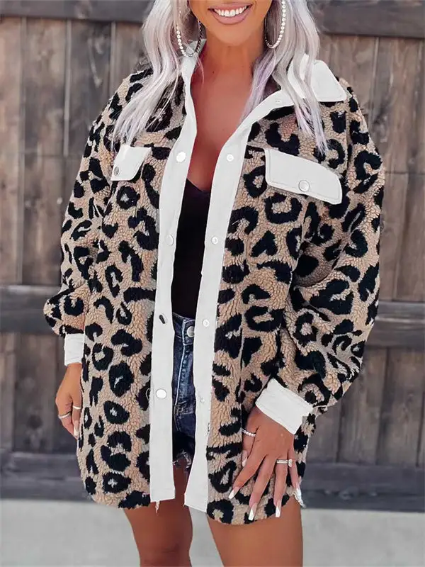 Leopard Print Pocket Casual Fur Jacket