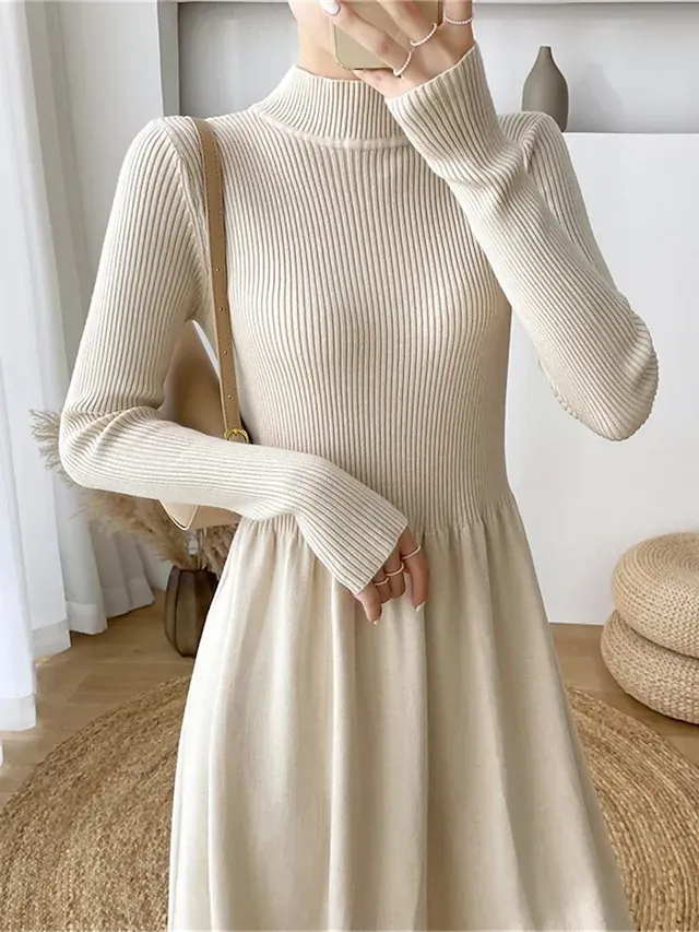 Women's Sweater Dress Knit Dress Jumper Dress Midi Dress Knitwear Elegant Fashion Plain Outdoor Daily Going out Turtleneck Long Sleeve 2023 Loose Fit Black Apricot One Size