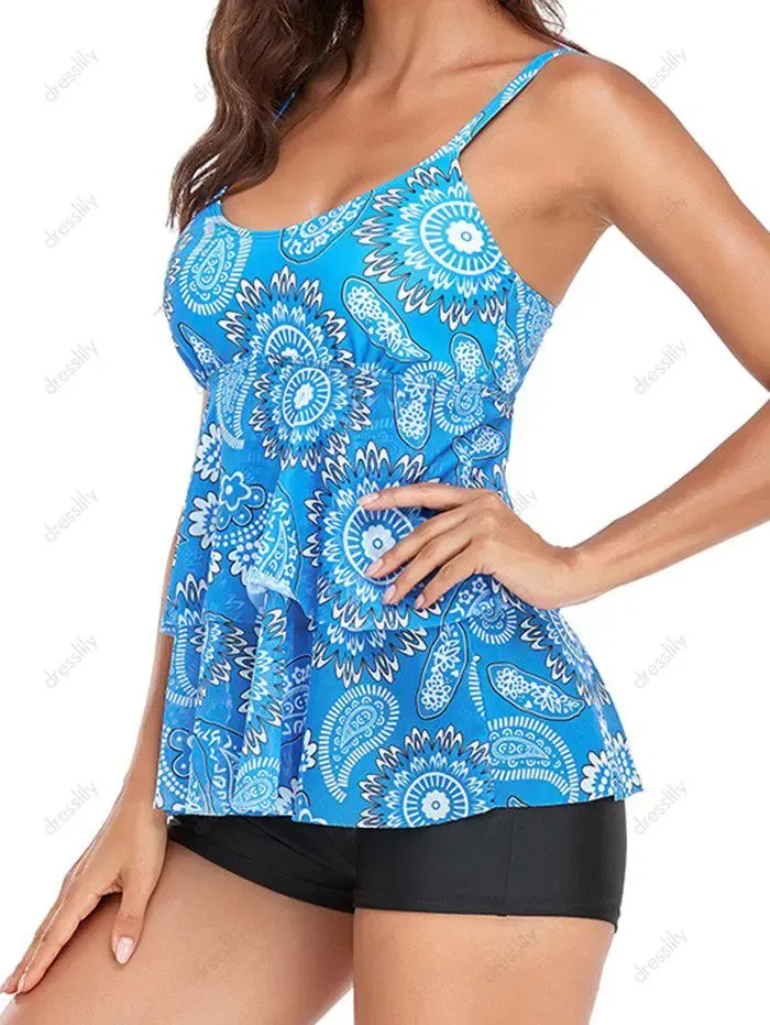 Modest Tankini Swimwear Bohemian Swimsuit Paisley Print Mesh Layered Boyshorts Summer Beach Bathing Suit