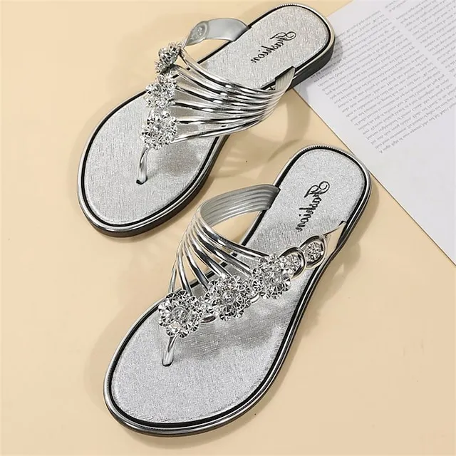 Women's Slippers Flip-Flops Outdoor Slippers Beach Slippers Outdoor Beach Summer Rhinestone Flat Heel Elegant Casual Faux Leather Loafer Solid Color Silver Black Gold