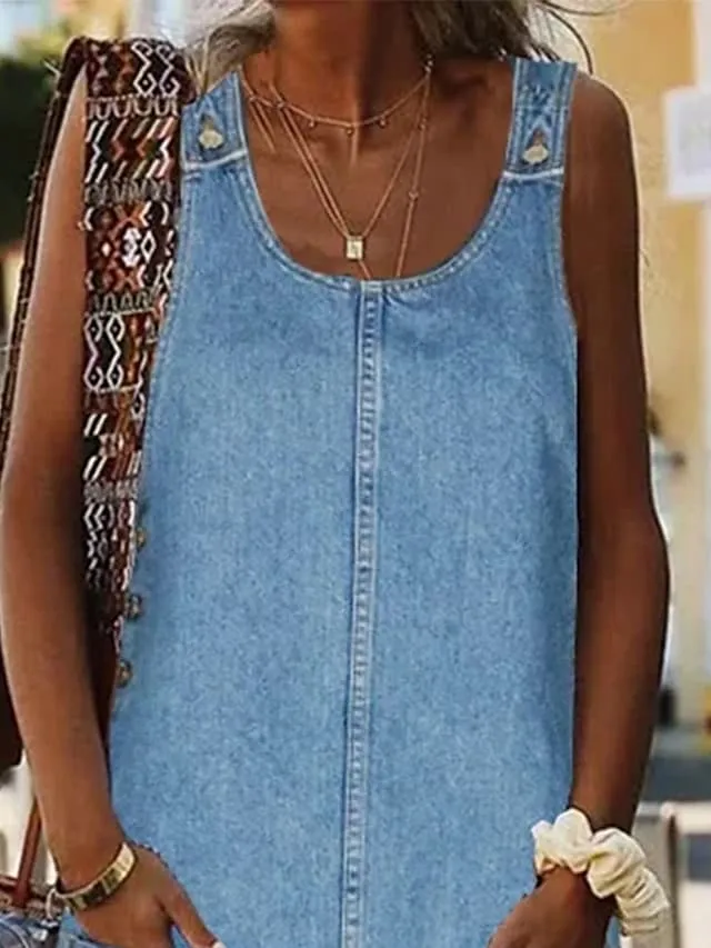 Women's Casual Dress Shift Dress Denim Overall Pinafore Dress Mini Dress Denim Fashion Modern Outdoor Daily Vacation U Neck Pocket Sleeveless Summer Spring 2023 Regular Fit Black Blue Gray Plain S M