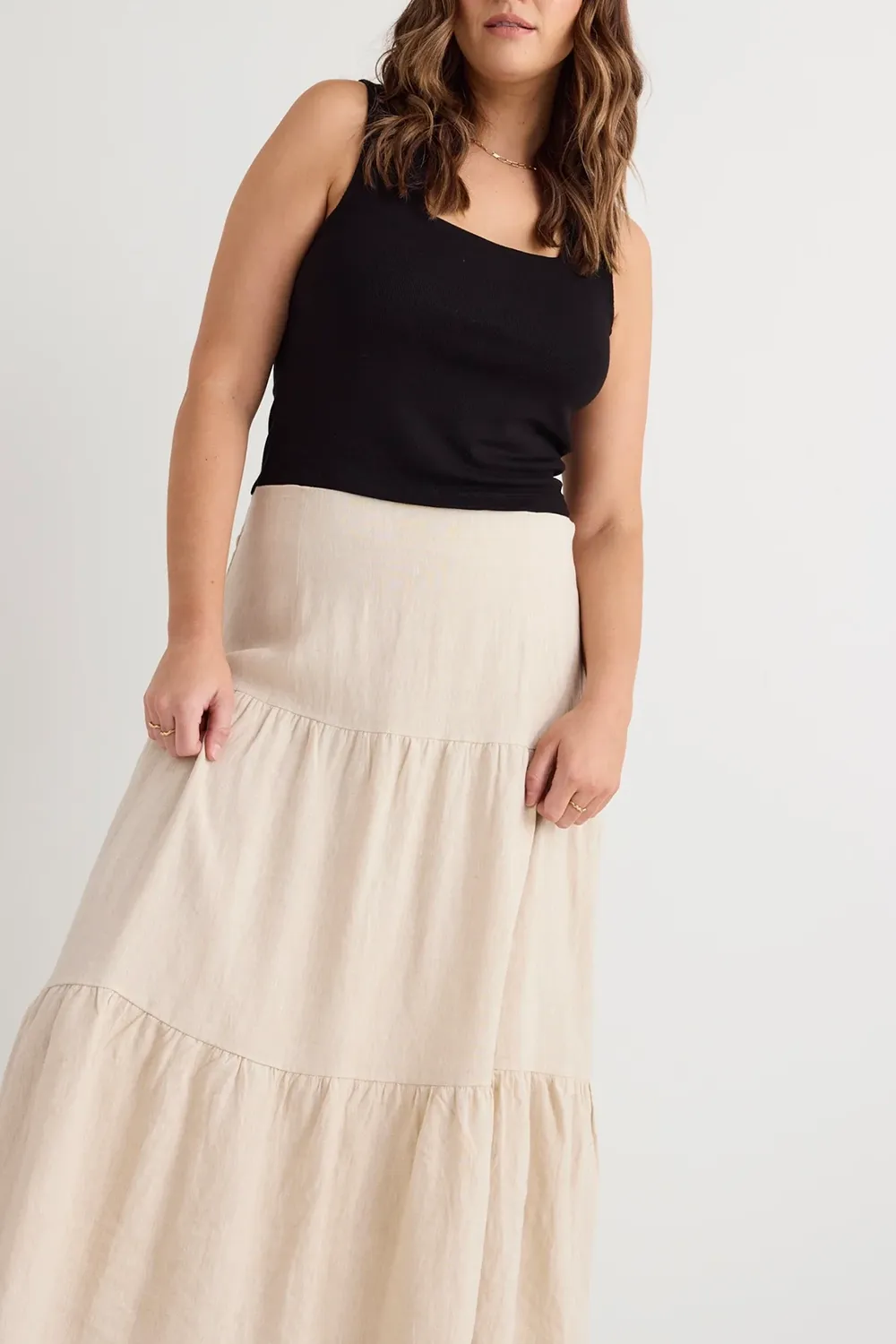 Tiered Linen Midi Skirt