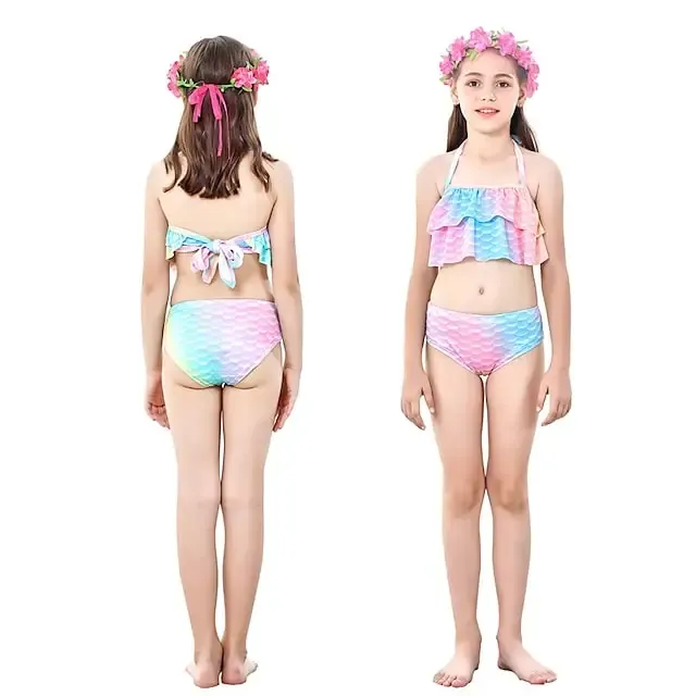 Kids Girls' Five Piece Bikini Swimming Rainbow Cute Print Bathing Suits 3-10 Years Spring Rose Red