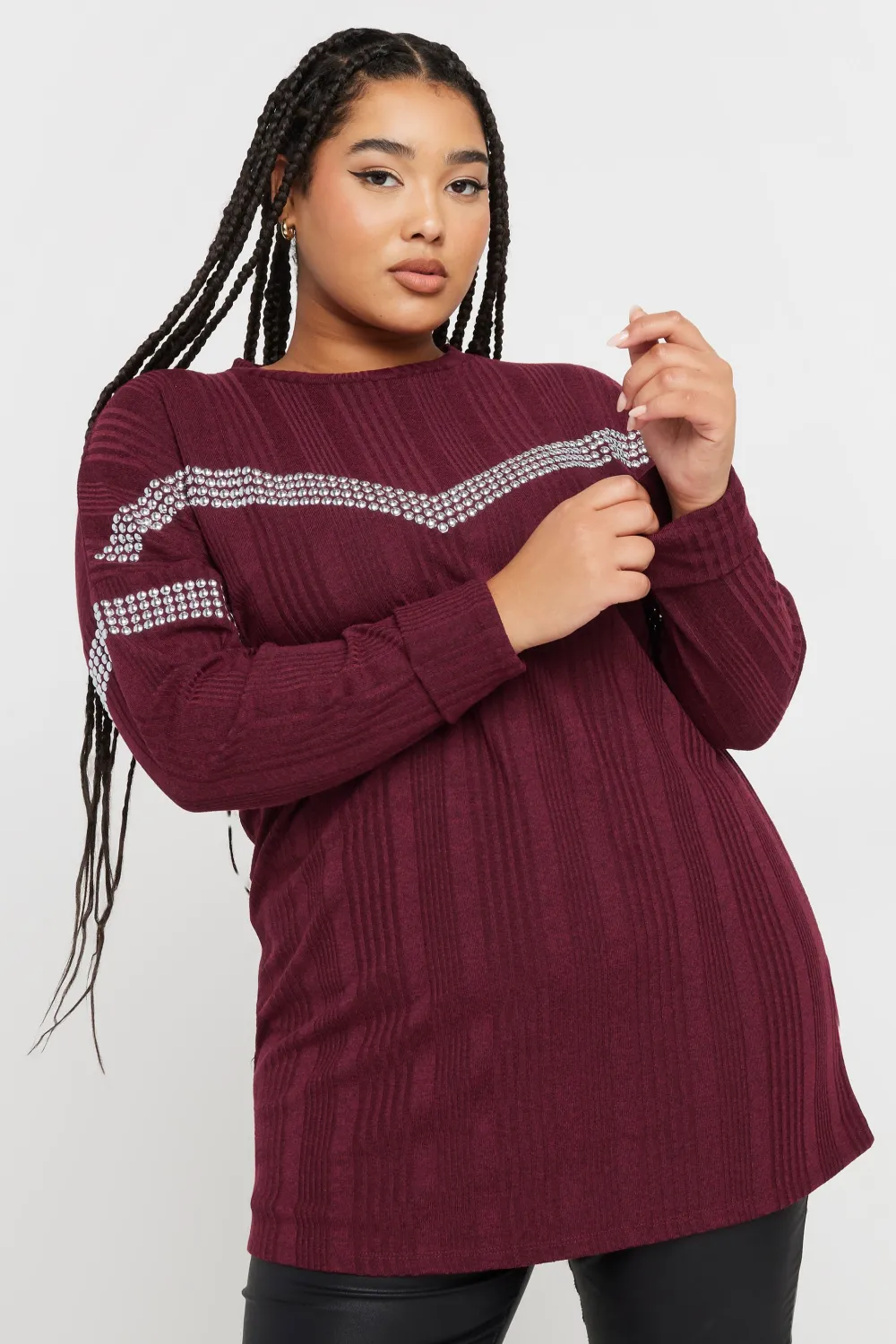 YOURS Curve Grey Ribbed Chevron Stud Jumper