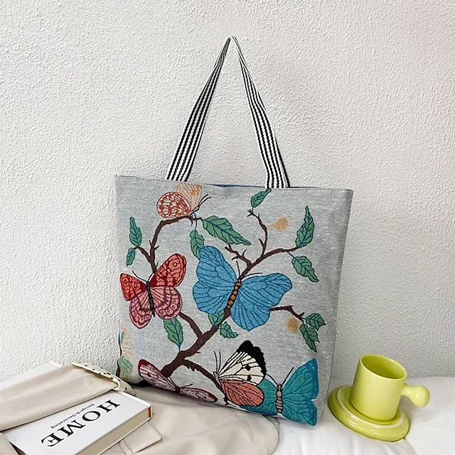 Women's Tote Shoulder Bag Canvas Tote Bag Oxford Cloth Shopping Daily Zipper Print Large Capacity Lightweight Durable Cat Flower Folk Butterfly Unicorn Black cat