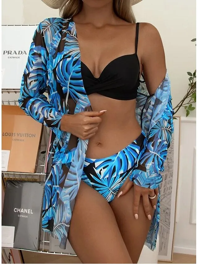Women's Swimwear Bikini Three Piece Normal Swimsuit 2 Piece Open Back Sexy Printing Leaves Pink Blue Orange Green V Wire Bathing Suits New Vacation Fashion