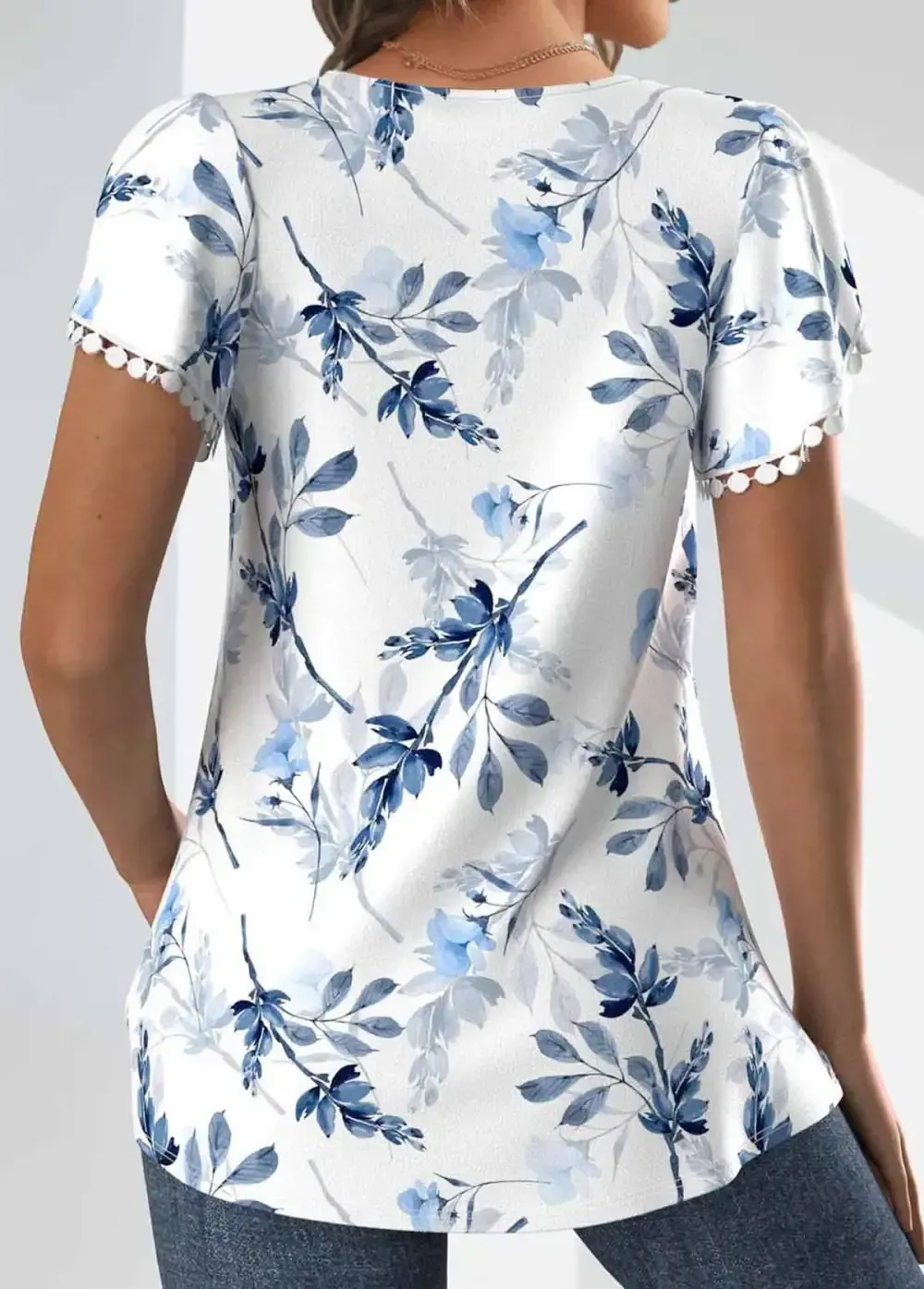 White Tuck Stitch Floral Print Short Sleeve T Shirt