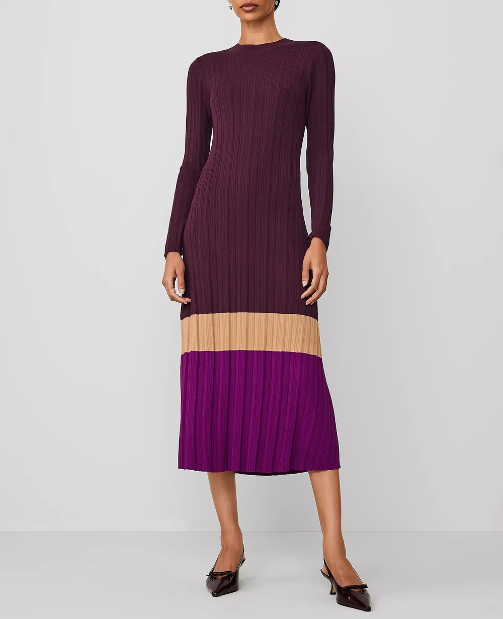 Colorblock Ribbed Mock Neck Sweater Dress