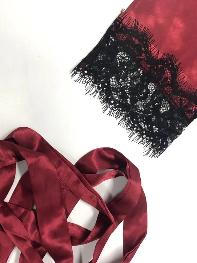 Women's Lace Satin Silk Pajamas Sets 4 Pieces Pure Color Simple Casual Soft Home Daily Bed Satin Breathable V Wire Long Sleeve Shorts Summer Spring Black Pink