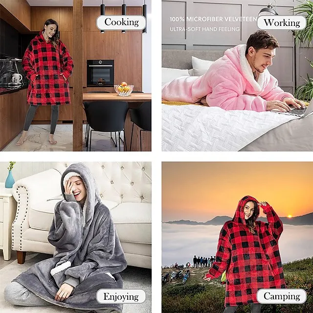 Women's Christmas Couple‘s Pajamas Nightgown Hoodie Blanket Wearable Blanket Grid / Plaid Pure Color Plush Simple Comfort Xmas Home Party Fleece Warm Gift Patchwork Pocket Fall Winter Black Gray