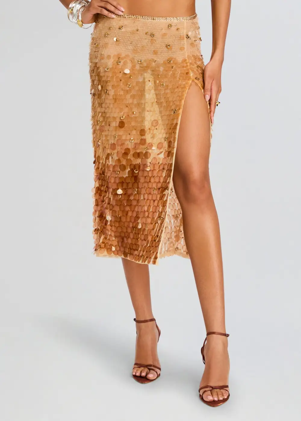 Gold Sequin Slit Skirt