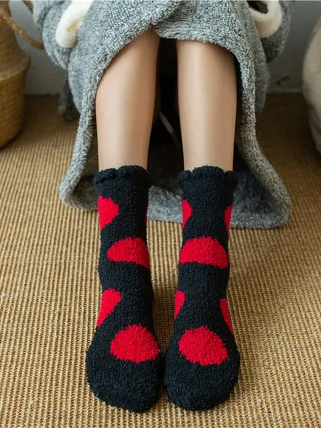 Polka-dot Bear Heart-shaped Graphics Warm Plus Velvet Coral Fleece Floor Socks