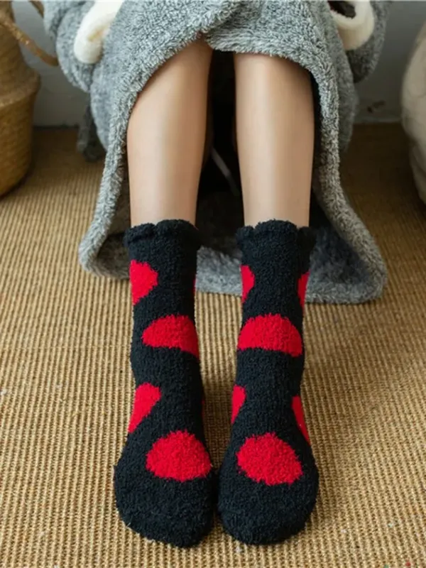 Polka-dot Bear Heart-shaped Graphics Warm Plus Velvet Coral Fleece Floor Socks