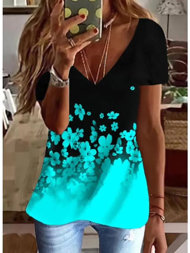 Women's T shirt Tee Going Out Tops Graphic Black White Blue Print Short Sleeve Daily Weekend Tunic Basic V Neck Regular Fit