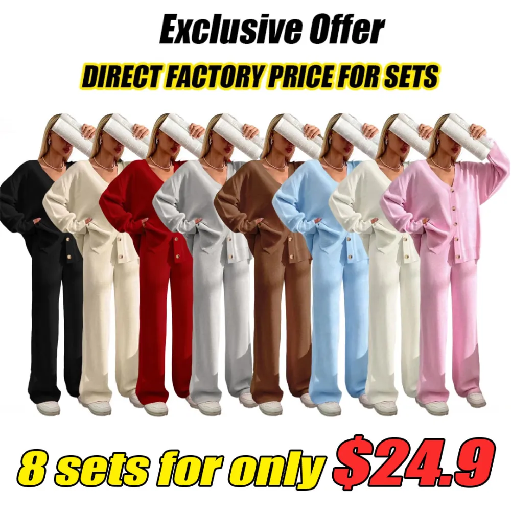 Women's Solid Color Off-Shoulder V-Neck Cardigan & Wide-Leg Pants 2-Piece Loungewear Set