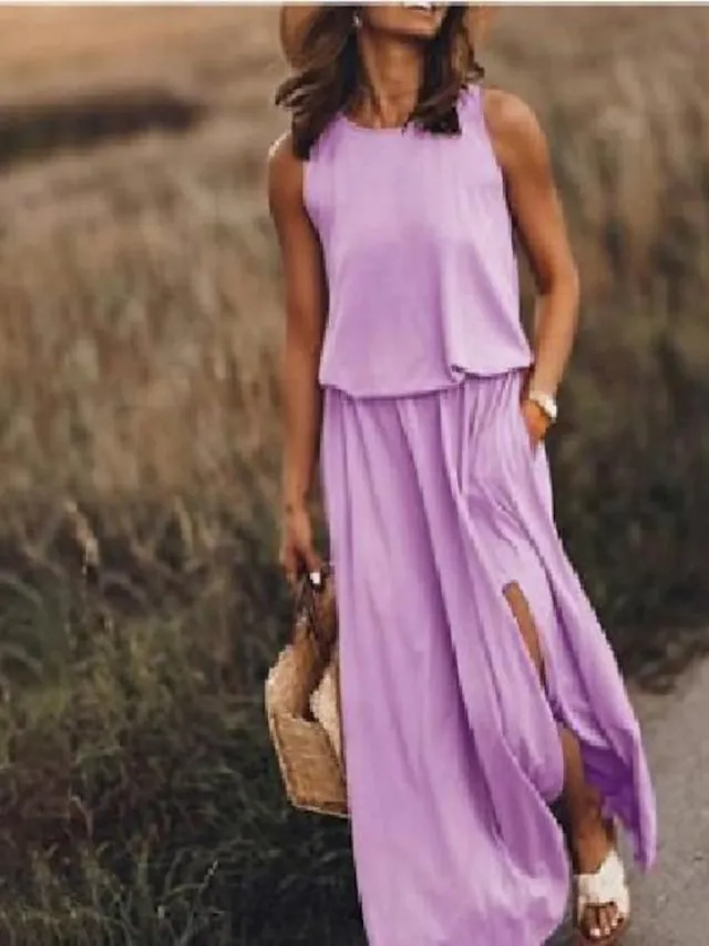 Women's Shift Dress Long Dress Maxi Dress Green Sleeveless Pure Color Split Spring Summer Crew Neck Modern Regular Fit 2023 S M L XL 2XL 3XL 4XL 5XL