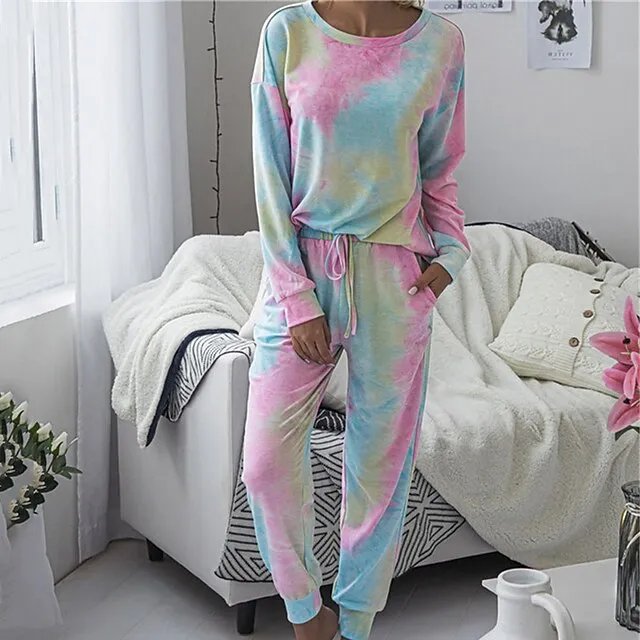 Women's Loungewear Sets Tracksuits 2 Pieces Tie Dye Sport Simple Casual Home Street Airport Polyester Crew Neck Long Sleeve Pullover Pant Elastic Waist Winter Fall Green Blue