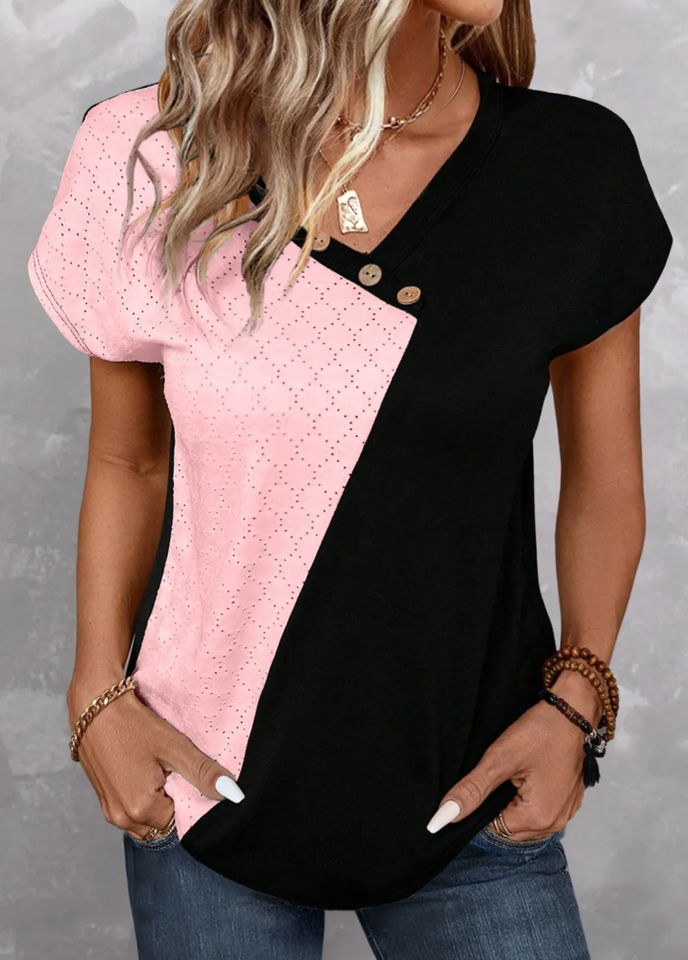 Light Pink Patchwork Short Sleeve V Neck T Shirt