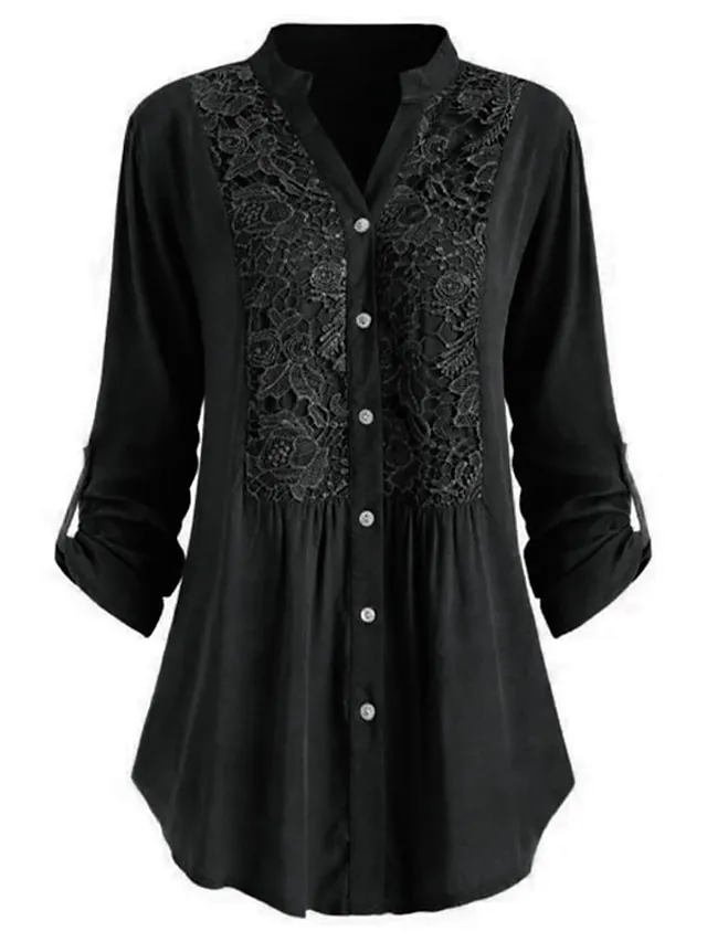 Women's Shirt Tunic Shirts Black White Wine Solid Color Floral Florals Lace Lace Trims Long Sleeve Daily Weekend Streetwear Casual Shirt Collar Regular Fit Spring Fall Winter