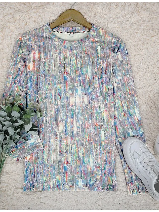 Women's T shirt Tee Silver Light Green Pink Graphic Print Long Sleeve Daily Weekend Fashion Basic Elegant Round Neck Regular Fit Painting Fall & Winter